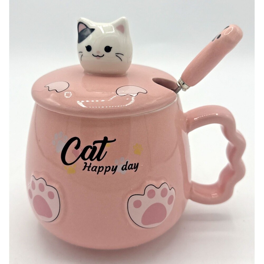 Cat Happy Day Novelty Ceramic Coffee/Tea Mug Cat Lid Spoon Pink White (3pc)